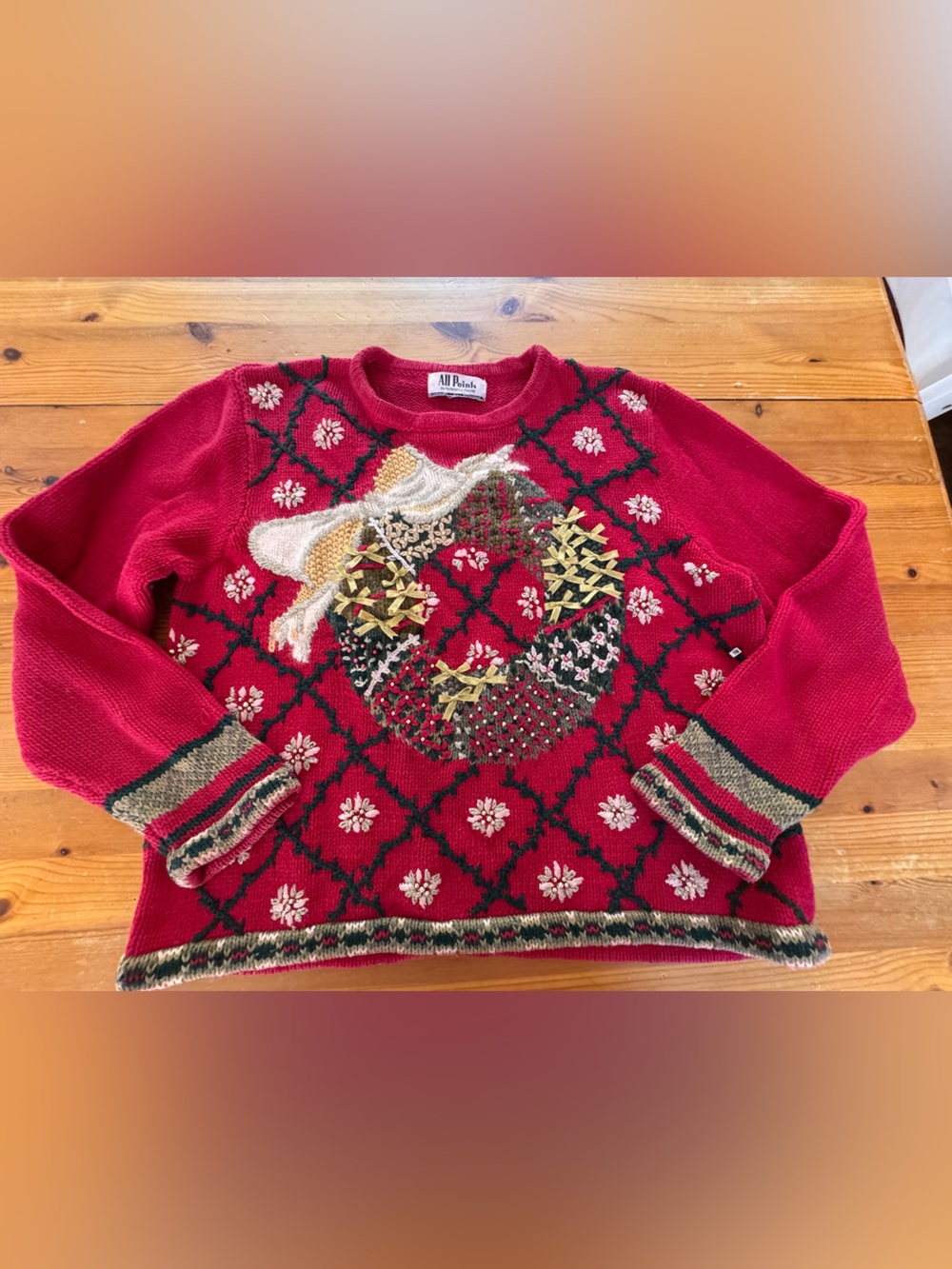 Red Embroidered Wreath Crewneck Holiday Sweater